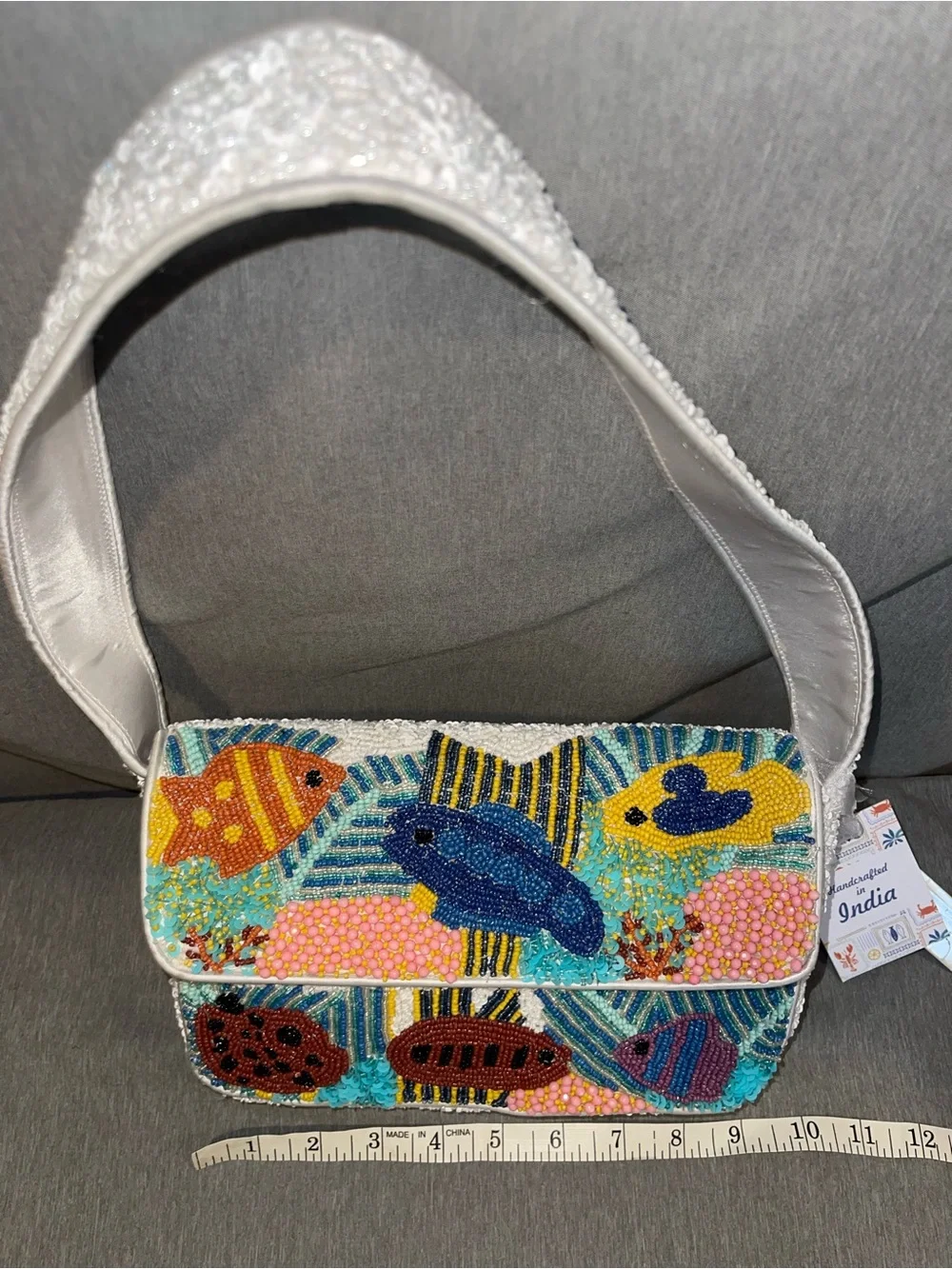 Viral Hand Beaded Bag with Fish Aquatic Coral Reef Handmade In India